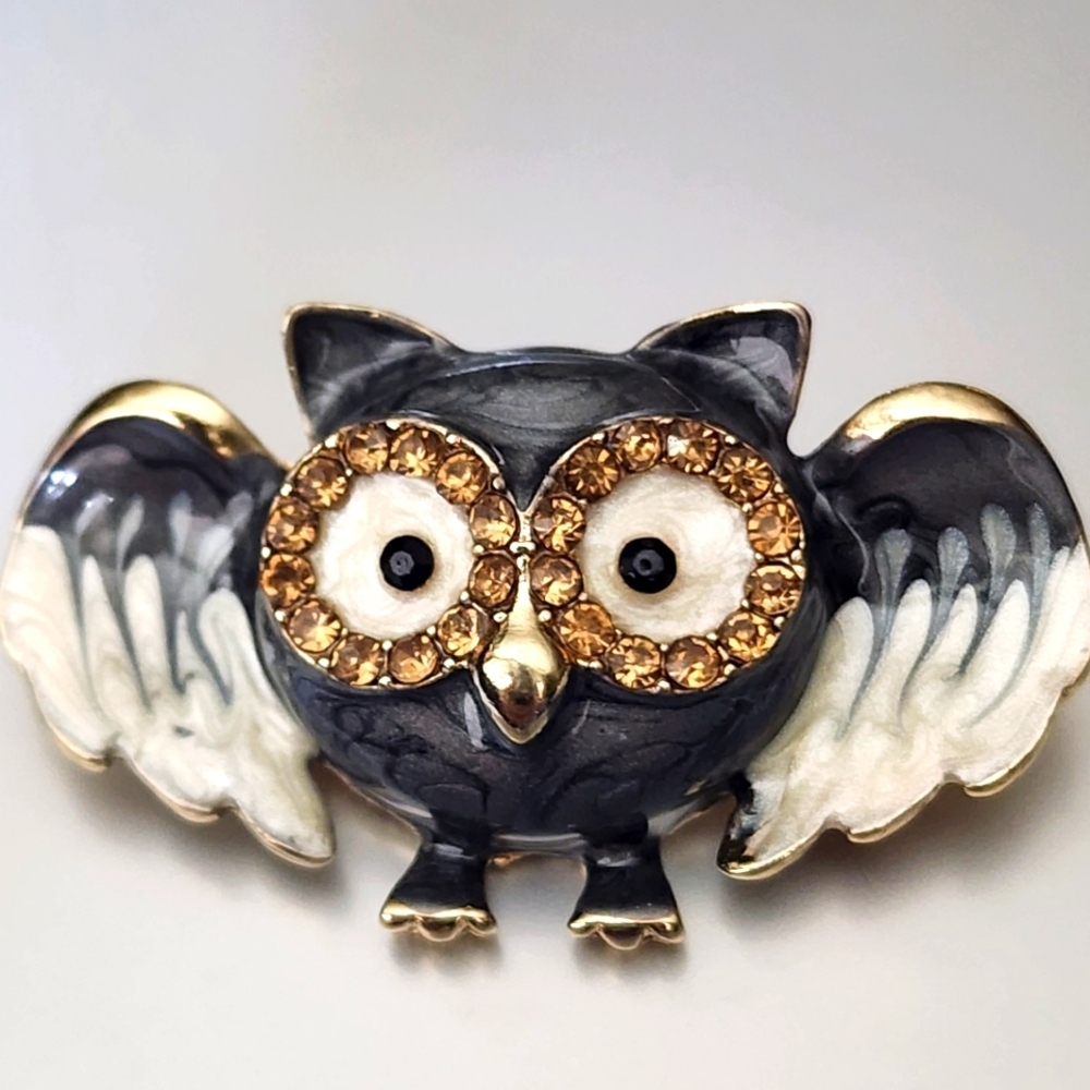 Hand painted Grey Acrylic Gemstone Owl Brooch \Necklace Combo